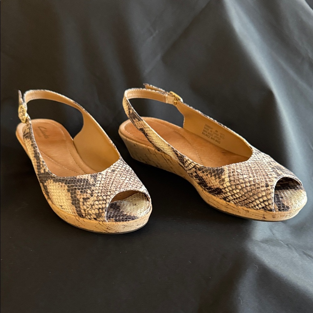 Clarks Snake Print Wedge Sandals